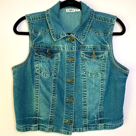 Vintage Cato Denim Vest Medium Wash Sleeveless Cropped Button Front Collar XL - Picture 1 of 6